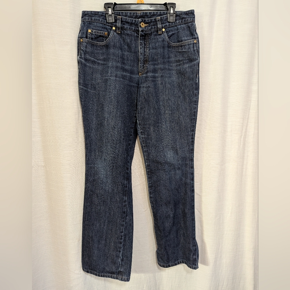 GUCCI Italian Sz 44 "Vintage" Medium Wash Denim Jeans Straight Leg Gold Buttons